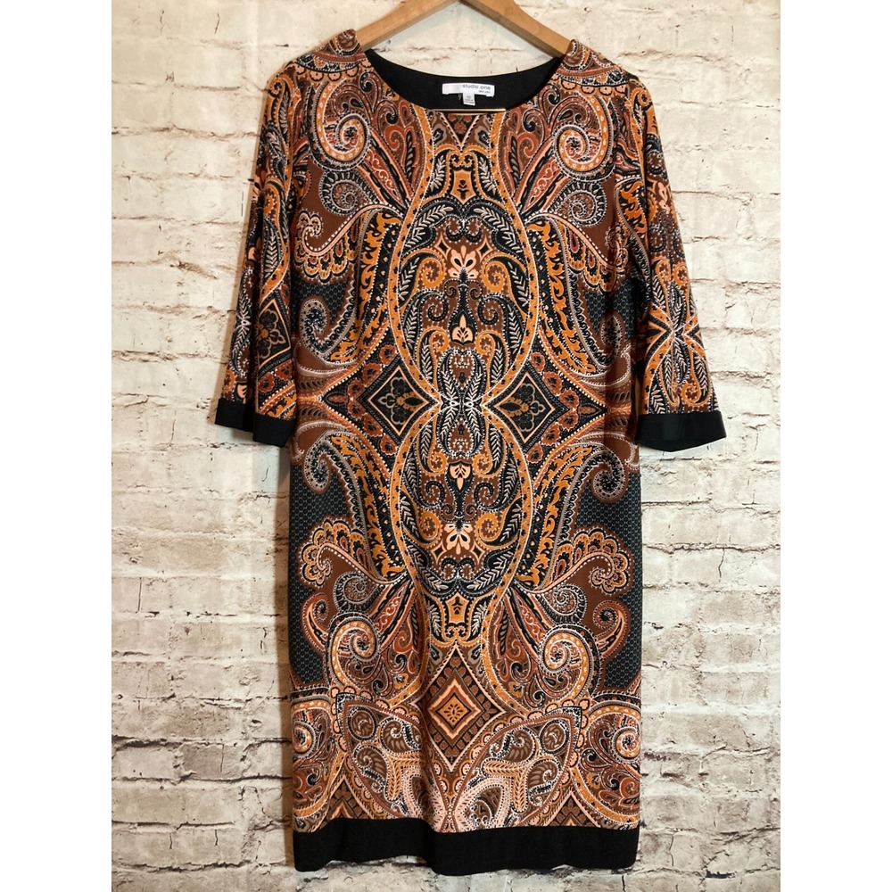 Studio‎ One Midi Dress Womens 12 Rust Jacquard Paisley Printed Stretch